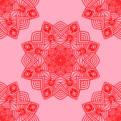 Fototapeta premium Fantasy seamless pattern with ornamental mandala. Abstract round doodle flower background. Floral geometric circle. Vector illustration. 