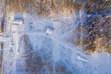 Winter forest of central Russia aerial view