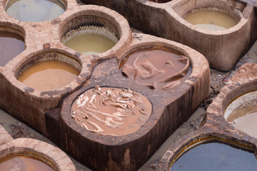 Fes-Meknes administrative region, Marocco - 20 12 2019 Fes is one of the imperial cities. Famous for its tanneries. The old tannery in Fez, now an important tourist attraction The leather dyers in Fez