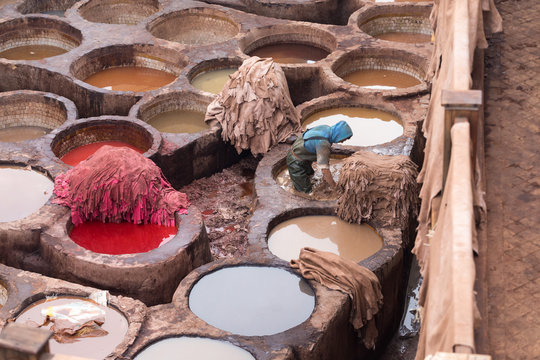 Fes-Meknes administrative region, Marocco - 20 12 2019 Fes is one of the imperial cities. Famous for its tanneries. The old tannery in Fez, now an important tourist attraction The leather dyers in Fez