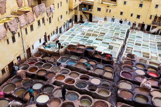 Fes-Meknes administrative region, Marocco - 20 12 2019 Fes is one of the imperial cities. Famous for its tanneries. The old tannery in Fez, now an important tourist attraction The leather dyers in Fez