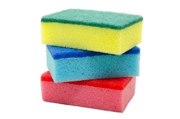 Colored sponges close up isolated on a white background without shadow. The equipment for cleaning.