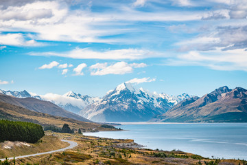 Naklejka na ściany i meble Panorama of the Mount Cook and Lake Pukaki, New Zealand