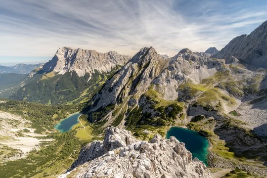 Time lapse of alps with lake drachensee from vorderer drachenkopf, cuburger h&uuml;tte, ehrwald in austria, mountain