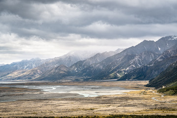 Dramatic sky on the mountain range at the Tasman Glacier and Valley, New Zealand