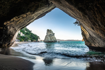 Sunset at Cathedral Cove - view through the arch, Coromandel, New Zealand 