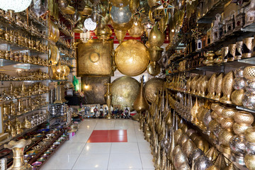 Moroccan style hanging lamps at the market in medina. Lamps and souvenir shops, Marrakech....
