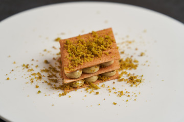 Pistachio baklava. Traditional Turkish Pistachio baklava on white plate