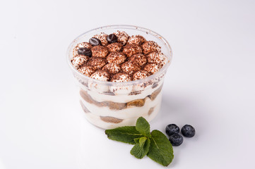 Tiramisu with fresh mint on a background