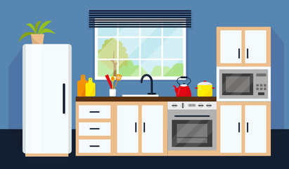 Kitchen interior flat vector illustration.