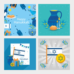 set poster of happy hanukkah with decoration vector illustration design