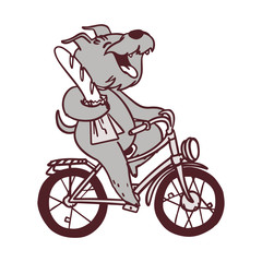 A cute dog on a bike with a baguette. Postcard with happy terrier.
