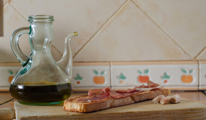 Mediterranean food. Bread with Iberian ham and olive oil. Spanish food.