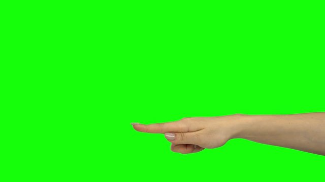 Arm of woman pointing three paragraphs. Green screen. Close up