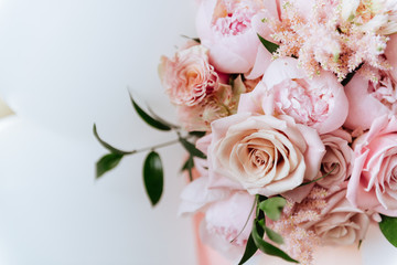 Obraz na płótnie Canvas Bouquet of pink beautiful fresh peonies, copy space