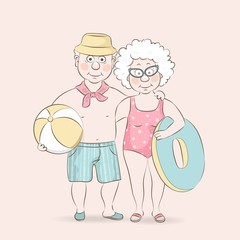 Elderly couple of tourists on the beach.Grandmother with a lifebuoy and grandfather with a ball.Vector illustration in a cartoon style.