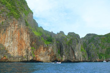 Stone cliffs on the coast of Phi Phi islands, Thailand.