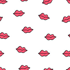 Seamless pattern with doodle red lips.  Vector illustration