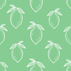Hand drawn colorful seamless pattern of hand drawn lemons and green leaves silhouettes. Scandinavian design style. Perfect for textile manufacturing wallpaper posters etc. Vector illustration