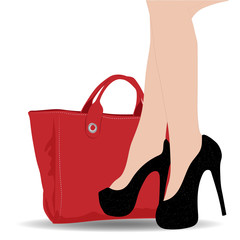Beautiful female legs in black shiny shoes. Fashionable red bag stands nearby. Vector art