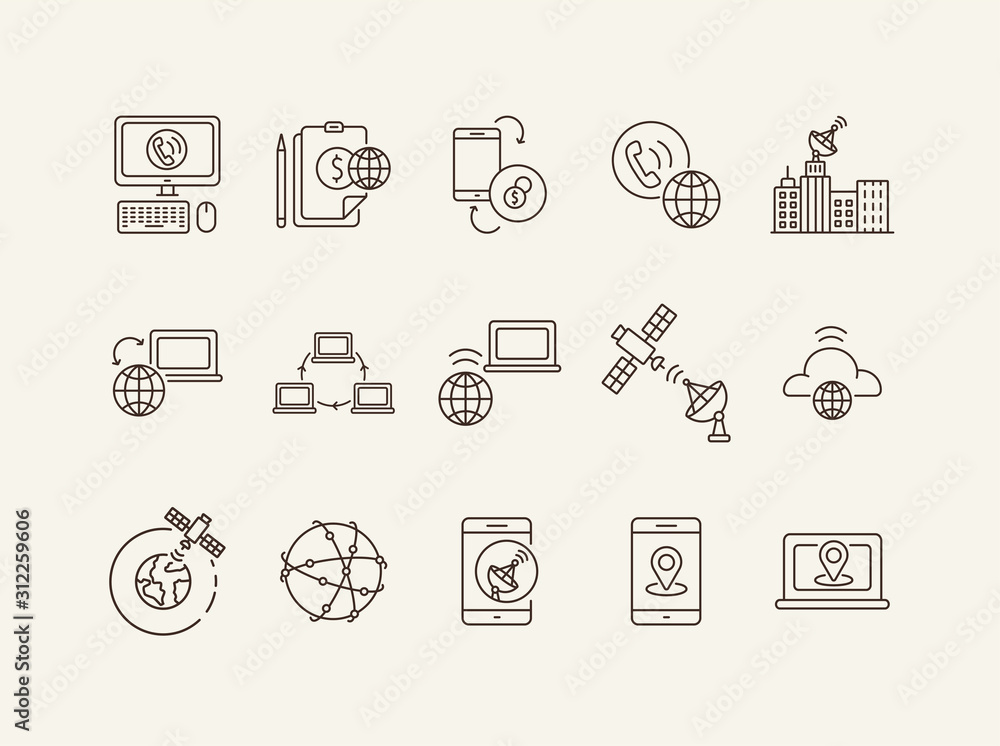 Poster satellite internet global net thin line icon set
