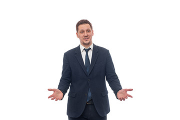 Shot of a young  businessman  with hand gesture calls for action , isolated