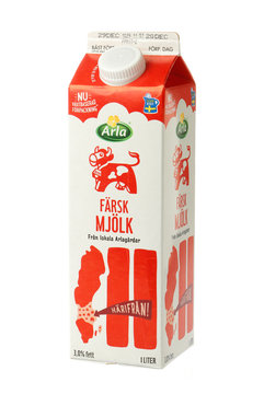 Stockholm, Sweden - December 27, 2019: A package with a liter of milk with 3 percent fat produced by the dairy Arla for the Swedish market as it looks like in December 2019.