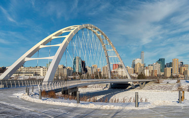 Panoramic view of Walterdale suspension bridge and downtown skyline in Edmonton, Alberta, Canada.