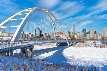 Panoramic view of Walterdale suspension bridge and downtown skyline in Edmonton, Alberta, Canada.