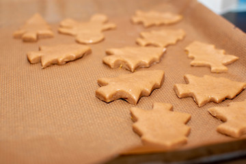 not finished gingerbread cookies in the form of Christmas trees lie on baking paper close-up. Selective focus, warm colors