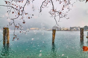 View of the beautiful Lake Garda surrounded by mountains,Riva del Garda town and Garda lake in the...