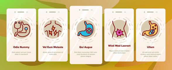 Stomach Organ Onboarding Mobile App Page Screen Vector. Stomach Healthy And Disease, With Drugs And Flame, Stomachache And Acid Illustrations