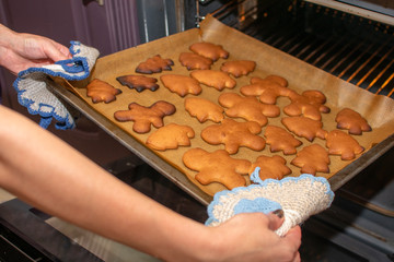 female hands take fresh gingerbread cookie from the oven. One of the steps in making. Some cookies burned