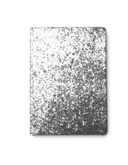 Stylish glitter notebook isolated on white, top view