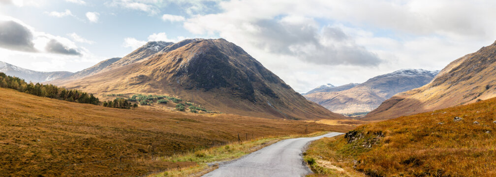 Panoramic view of road through Glen Etive near Glencoe Highlands Scotland