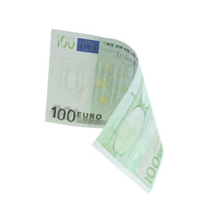Euro banknote isolated on white. Flying money