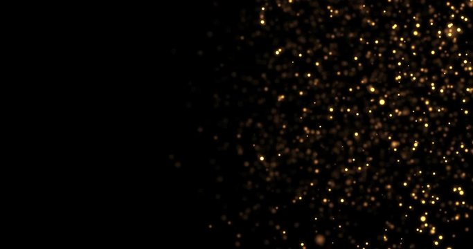 abstract circular golden sparkle glitter bokeh flowing from one side movement on black background, congratulation greeting  party happy new year, christmas celebration