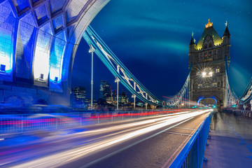 ower Bridge in London with a beautiful starry sky a view under the arches