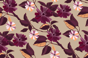 Art floral vector seamless pattern. Maroon, burgundy, claret branches, leaves and flowers. Vector elements isolated on ivory background. Tile pattern for wallpaper, fabric, home and kitchen textile.