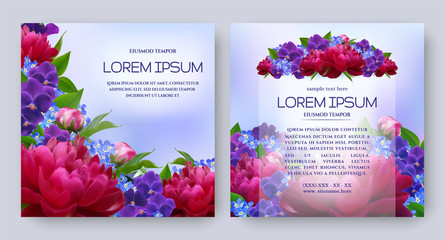 Floral vector card set with flowers of realistic dark red peony, viola, forget-me-not. Romantic 3d templates for wedding invitation, greeting card, cosmetic products, packages, other design elements