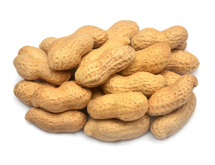 Peanuts isolated on white background. Perfectly retouched, full depth of field on the photo. Top view, flat lay