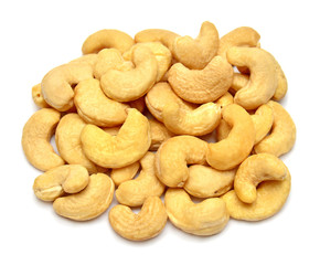 Cashew nuts isolated on white background. Perfectly retouched, full depth of field on the photo. Top view, flat lay
