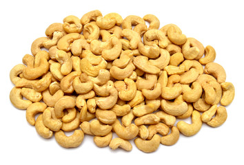 Cashew nuts isolated on white background. Perfectly retouched, full depth of field on the photo. Top view, flat lay