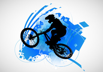 Fototapeta na wymiar Active people. BMX rider in abstract sport landscape background, vector.