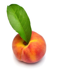Peach fruit with leaf isolated on white background. Perfectly retouched, full depth of field on the photo. Flat lay, top view