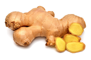 Fresh ginger root whole and slice isolated on white background. Creative medical concept, spice in cooking. Perfectly retouched, full depth of field on the photo. Top view, flat lay