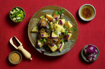 Boiled potato salad with Dijon mustard and parsley on a red napkin. Scoop with sumac spice, mustard peas, red and green onions, olive oil with spices in saucers. Horizontal position, top view.