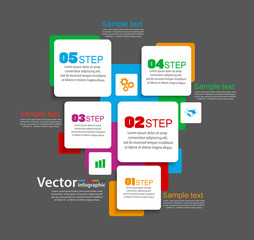 Fototapeta premium Five steps infographics with colorful squares on black background . Vector chart, diagram, graph with steps, options, parts, processes with square elements. Vector business