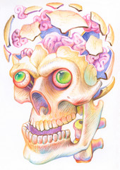 Drawing with colored pencils. Human skull - exploded skull with bones, brains, and eyes.