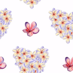 Watercolor hand painted seamless pattern with hearts of plumeria flowers on bright white background.